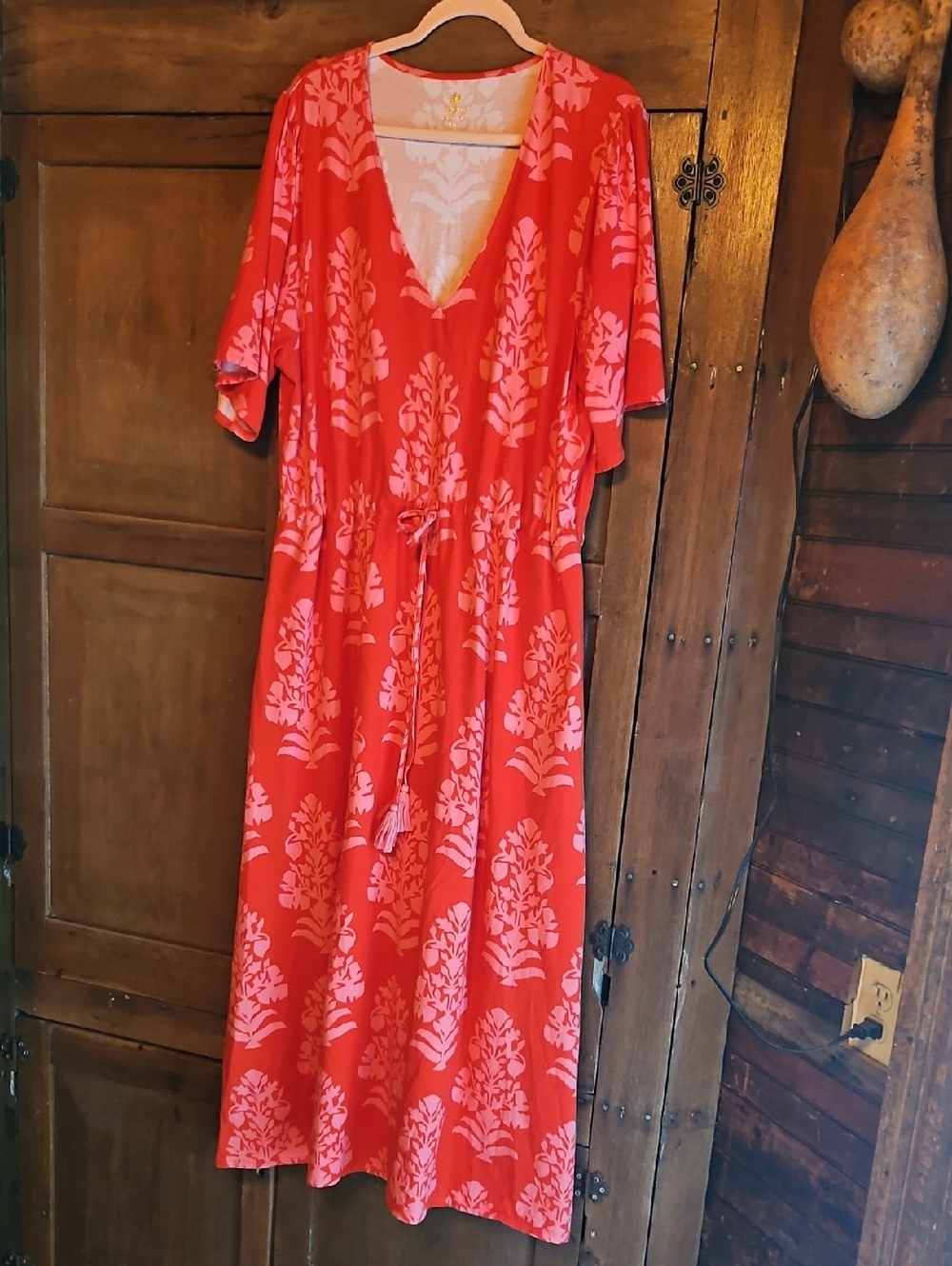 Spartina 449 Coral Red Floral V-Neck Drawstring Maxi Dress